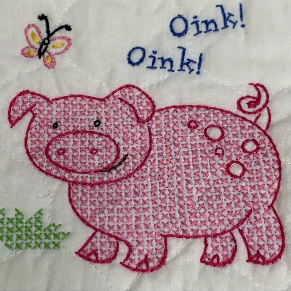 Oink Oink PIG OUT Handcrafted Cross Stitch Pink Pig’s Expression Above White Bib